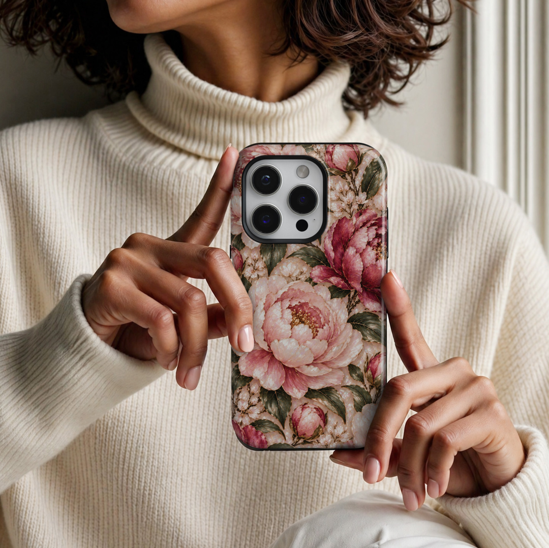 CASELIX May Birth Flower Peony Blush iPhone 18 Pro Max tough phone case featuring luxurious blush pink, soft ivory and deep rose peonies with delicate gold accents, dark green botanical leaves and a luminous pearl-inspired background with a glossy printed finish.