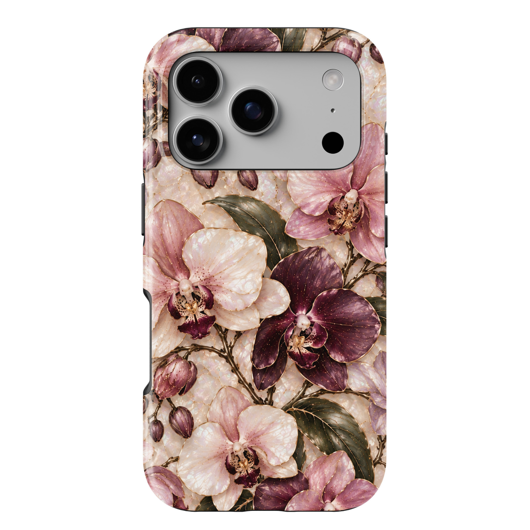 CASELIX April Birth Flower Orchid Elegance iPhone 18 Pro Max tough phone case featuring luxurious blush pink, ivory and deep burgundy orchids with delicate gold detailing, elegant dark green leaves and a luminous pearl-inspired background with a glossy printed finish.