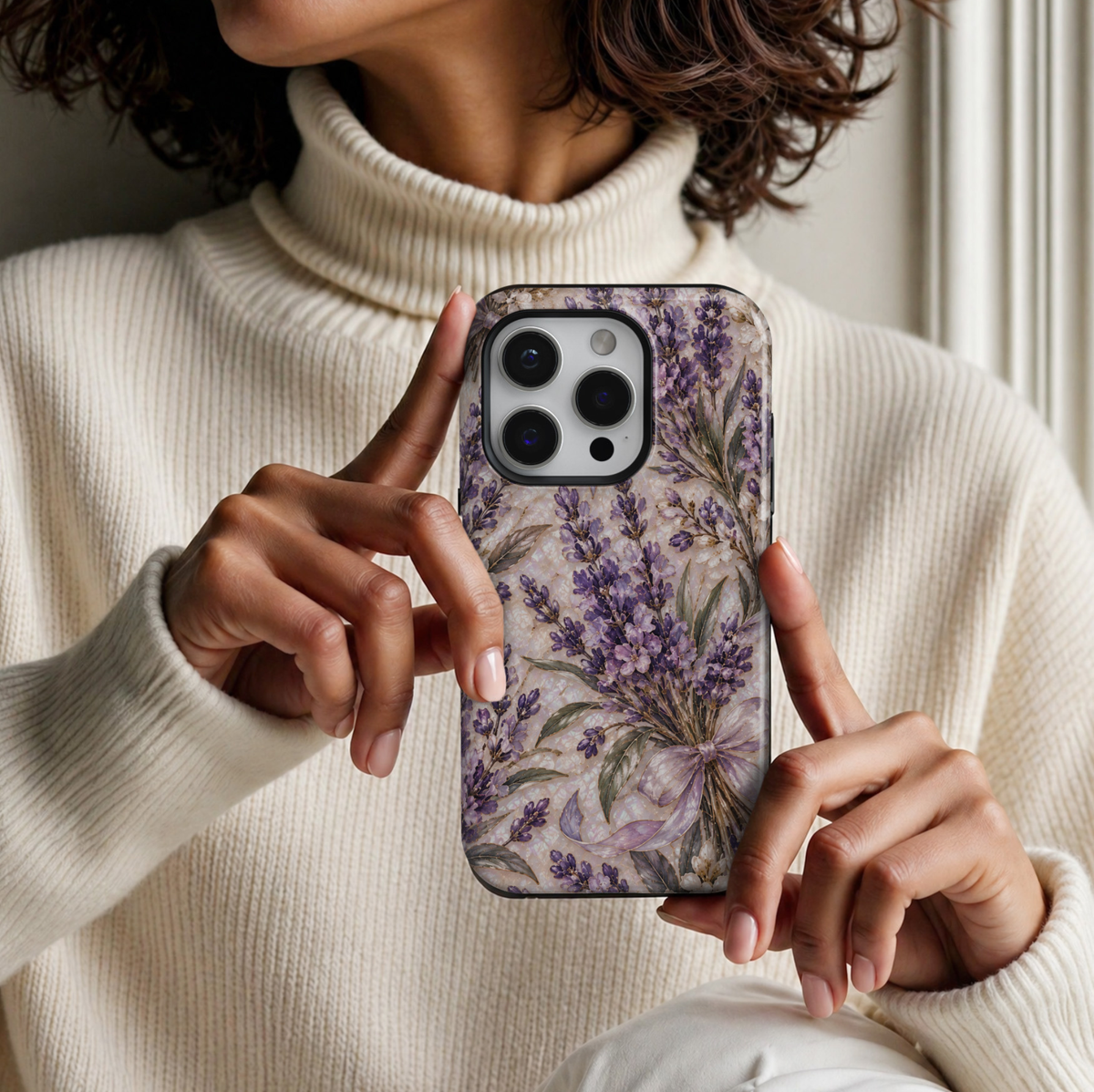 CASELIX March Birth Flower Lavender Serenity iPhone 18 Pro Max tough phone case featuring delicate lavender-purple blossoms tied with a soft lilac ribbon, sage green leaves, ivory flowers, elegant gold accents, and a luminous pearl-inspired background with a glossy printed finish.