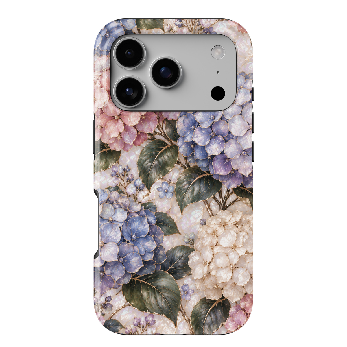 CASELIX February Birth Flower Hydrangea Heart iPhone 18 Pro Max tough case featuring delicate pastel blue, lavender, blush pink, and ivory hydrangea blossoms with elegant gold detailing, deep green botanical leaves, and a luminous pearl-inspired background with a glossy printed finish.