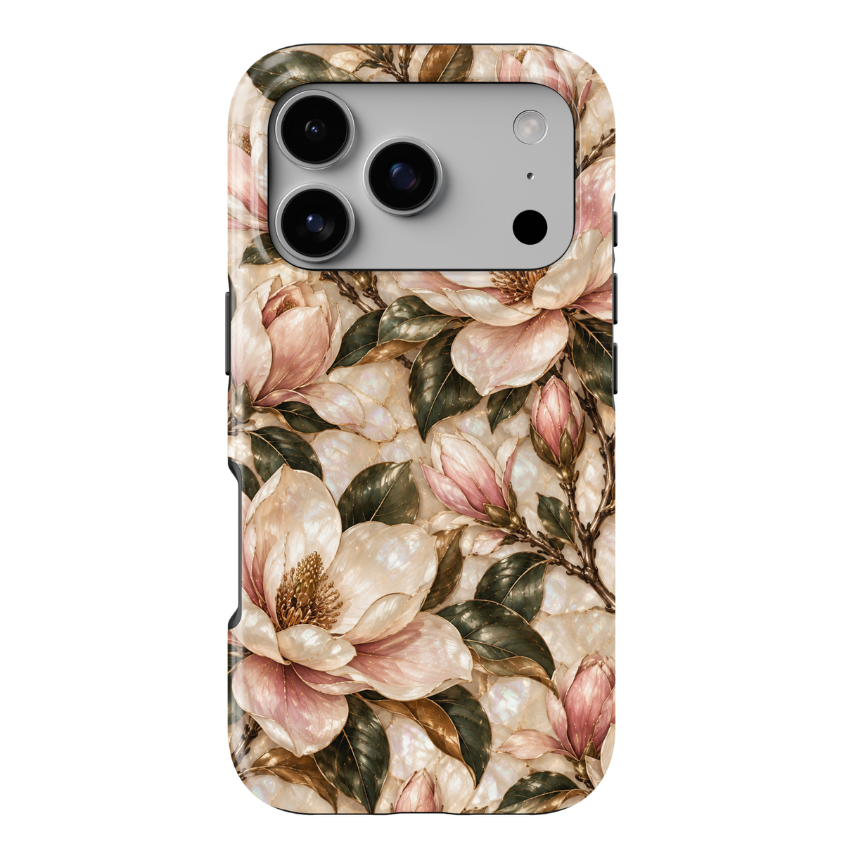 January birth flower iPhone 18 Pro Max case featuring Magnolia Grace with elegant ivory and blush pink magnolia blossoms, golden botanical accents, and deep green leaves on a champagne-inspired background with a glossy printed finish.
