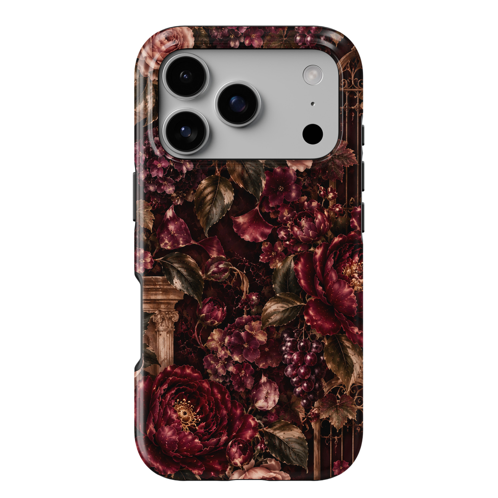 Midnight Garden iPhone 18 Pro Max tough phone case featuring luxurious deep burgundy peonies, dusty pink roses, delicate plum blossoms, dark olive foliage, rich purple grape clusters, and antique gold garden architecture against a dramatic black background with a glossy printed finish.