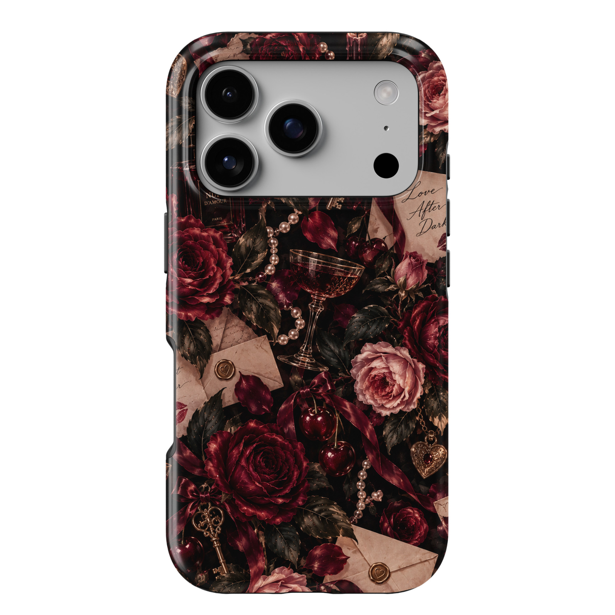 Love After Dark iPhone 18 Pro Max tough phone case featuring deep burgundy and dusty pink roses, romantic handwritten love letters, vintage gold keys, pearl necklaces, red cherries, satin ribbons, ornate heart lockets and an elegant wine glass against a dramatic black background with a glossy printed finish.
