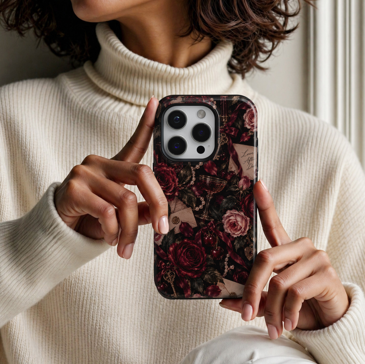 Love After Dark iPhone 18 Pro Max tough phone case featuring deep burgundy and dusty pink roses, romantic handwritten love letters, vintage gold keys, pearl necklaces, red cherries, satin ribbons, ornate heart lockets and an elegant wine glass against a dramatic black background with a glossy printed finish.