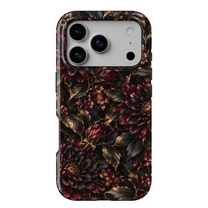 Midnight Bloom iPhone 18 Pro Max tough phone case featuring dramatic deep burgundy and black dahlias, dark wine red rosebuds, antique gold botanical leaves, delicate floral accents and subtle gold veining against a rich black background with a glossy printed finish.