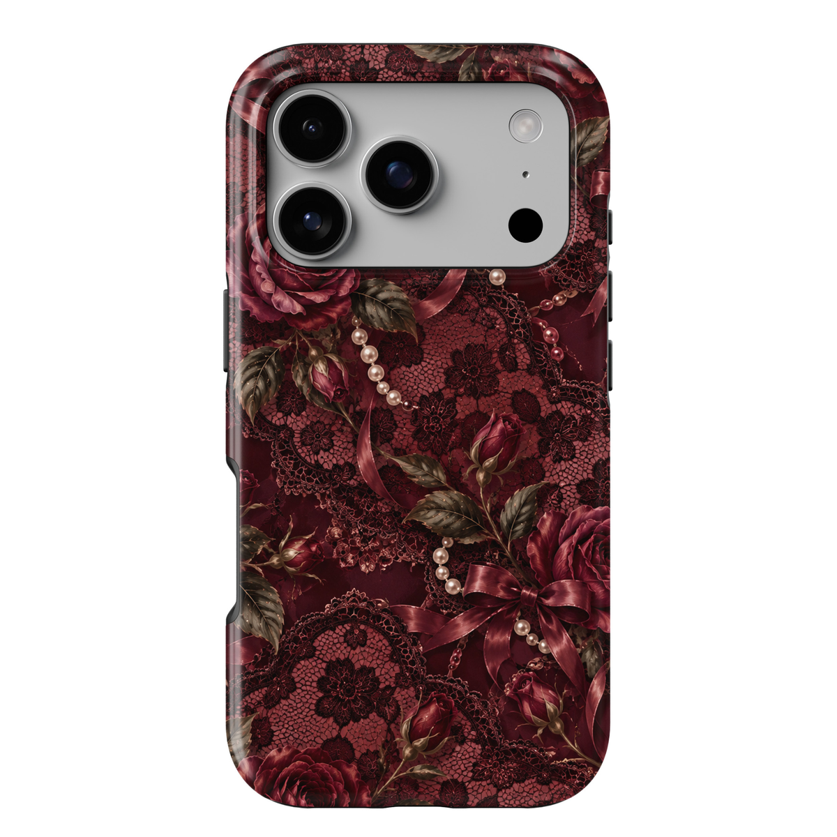 Midnight Lace iPhone 18 Pro Max tough phone case featuring intricate burgundy floral lace, deep wine red roses, delicate rosebuds, vintage satin bows, ivory pearl strands and antique olive-green leaves against a rich dark burgundy background with a glossy printed finish.