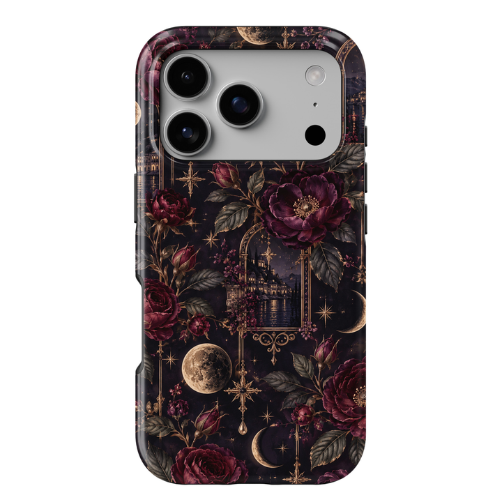 Midnight in Venice iPhone 18 Pro Max tough phone case featuring deep burgundy roses, plum purple flowers, antique gold celestial stars, crescent moons and romantic Venetian canal scenery against a dark midnight background with a glossy printed finish.