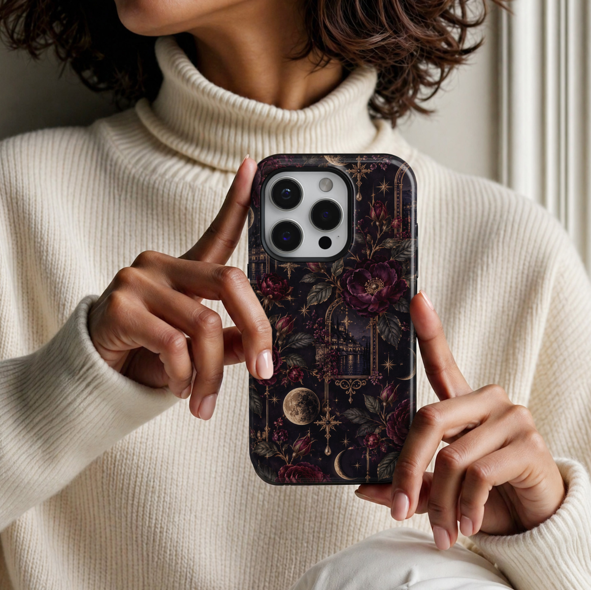 Midnight in Venice iPhone 18 Pro Max tough phone case featuring deep burgundy roses, plum purple flowers, antique gold celestial stars, crescent moons and romantic Venetian canal scenery against a dark midnight background with a glossy printed finish.