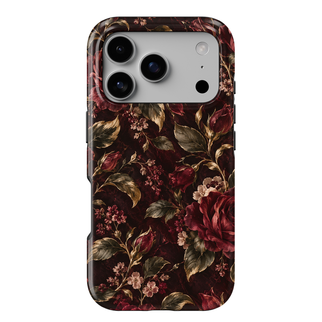 Midnight Roses iPhone 18 Pro Max tough phone case featuring deep burgundy red roses, delicate blush blossoms, antique gold foliage and romantic floral details against a dramatic dark wine background with a glossy printed finish.