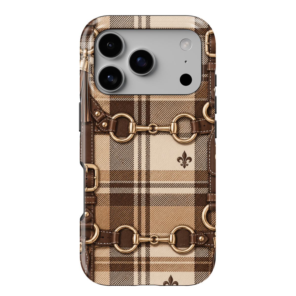 Equestrian Plaid iPhone 18 Pro Max tough case featuring a classic beige, camel and chocolate brown tartan plaid pattern with gold horsebit buckles, brown leather-inspired straps and elegant fleur-de-lis accents in a glossy printed finish.