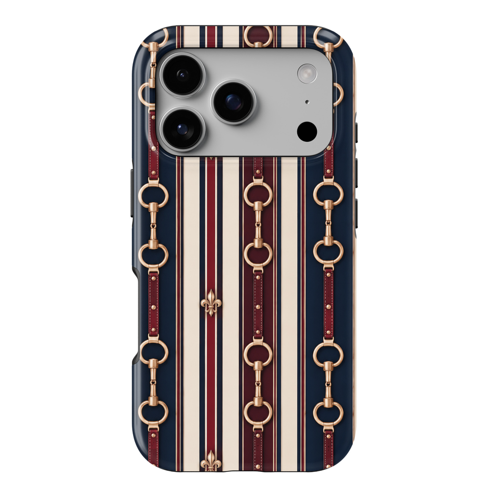 Equestrian Stripes iPhone 18 Pro Max tough case featuring classic navy blue, burgundy and ivory vertical stripes, gold horsebit hardware, leather-inspired equestrian straps and elegant fleur-de-lis accents with a glossy finish.