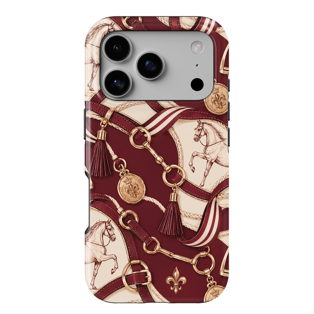 CASELIX Equestrian Elegance iPhone 18 Pro Max case featuring a luxurious burgundy and cream equestrian print with vintage horse illustrations, gold horsebit hardware, leather riding straps, decorative tassels, striped ribbons, and gold medallions in a glossy printed finish.
