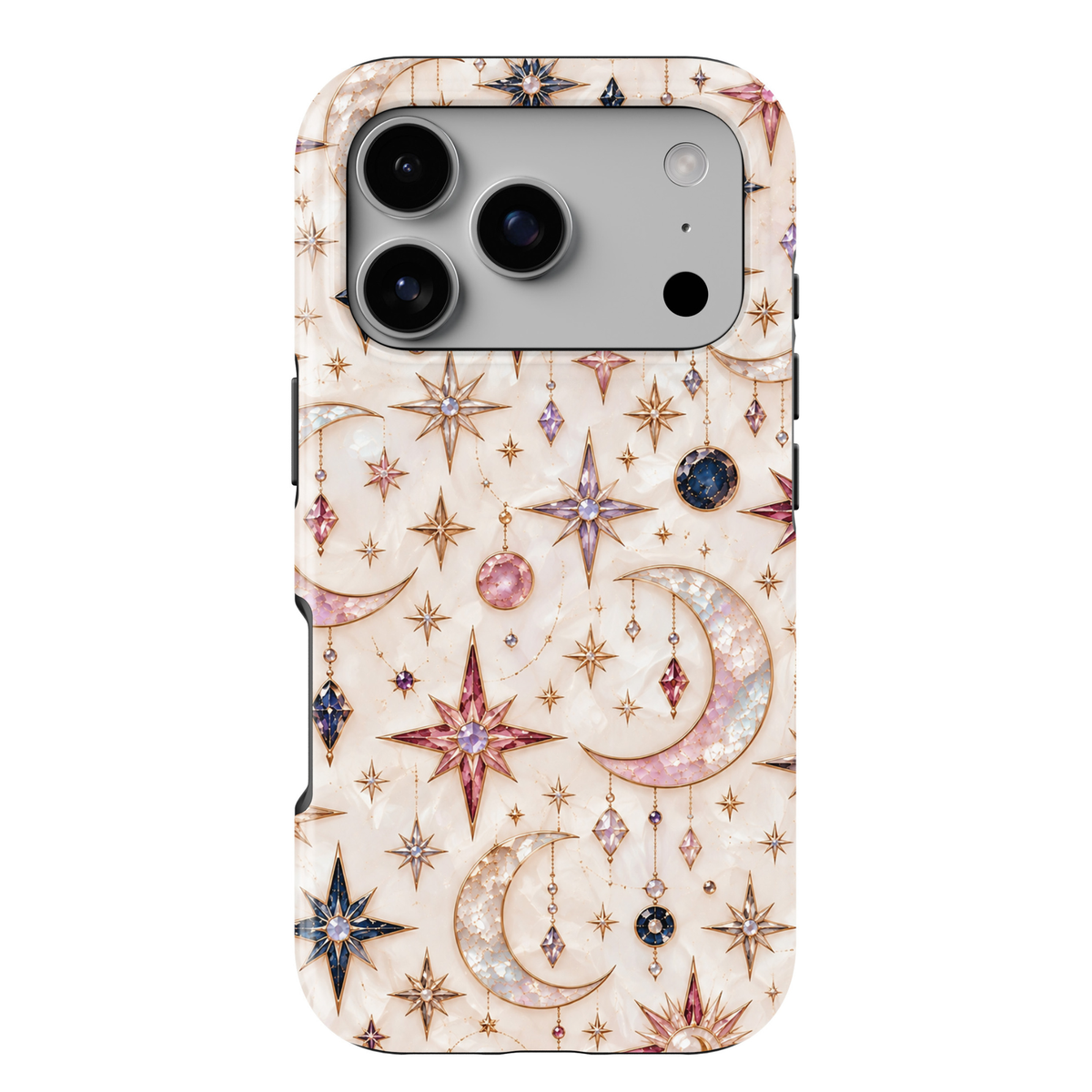 CASELIX Celestial Opal iPhone 18 Pro Max case featuring iridescent pearl crescent moons, pink and lavender gemstones, sapphire blue crystals, delicate gold stars, and celestial charms on an elegant ivory background with a glossy printed finish.
