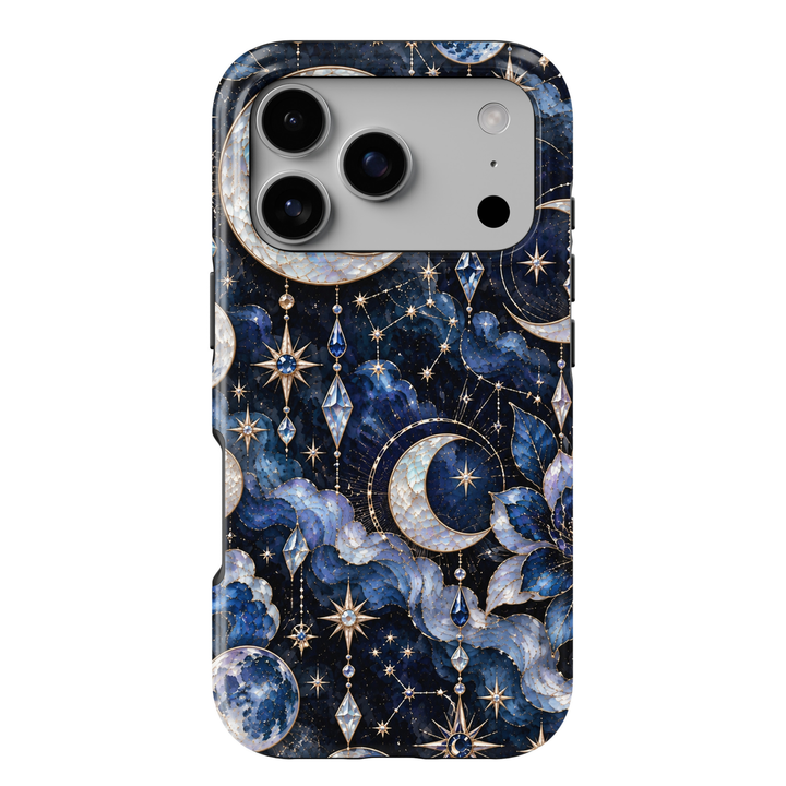 CASELIX Midnight Sapphire iPhone 18 Pro Max case featuring luminous pearl crescent moons, sapphire blue gemstones, delicate gold constellations, sparkling celestial stars and swirling midnight blue clouds against a deep navy background with a glossy printed finish.