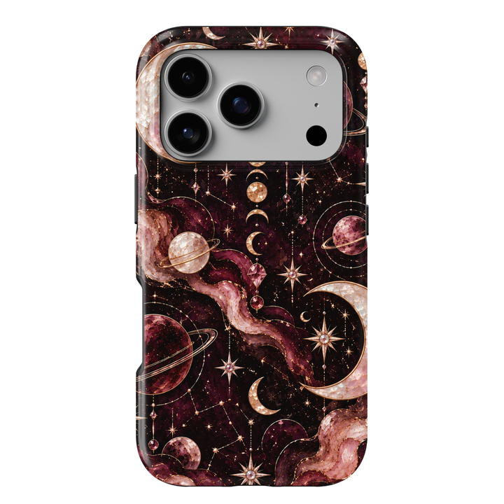 CASELIX Celestial Galaxy iPhone 18 Pro Max case featuring shimmering gold crescent moons, rose gold planets, sparkling stars, celestial constellations and gemstone-inspired details against a deep burgundy and black cosmic background with a glossy printed finish.