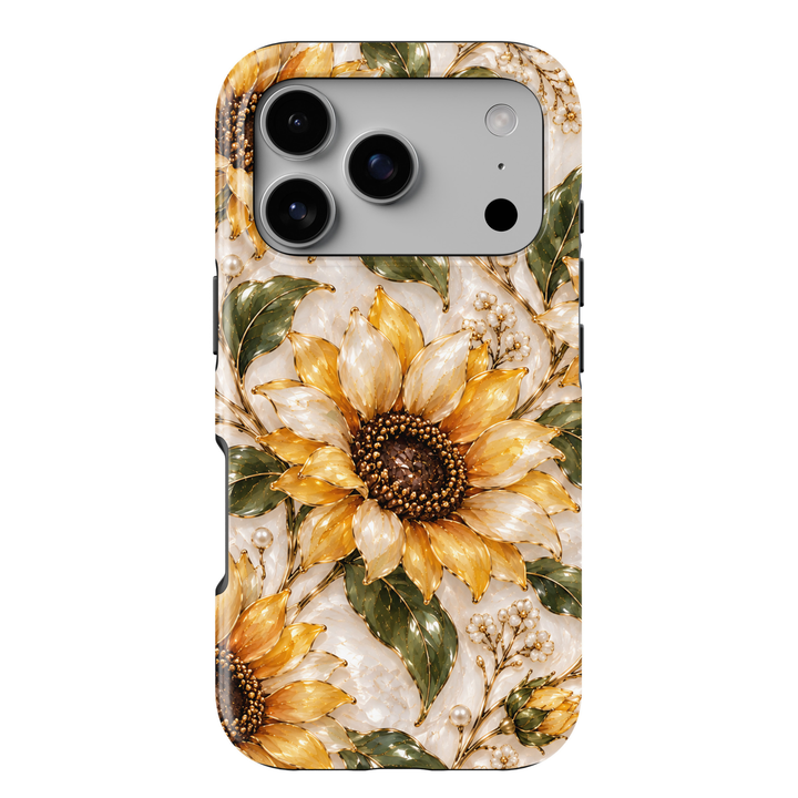 CASELIX Golden Sunflower iPhone 18 Pro Max case featuring elegant golden yellow and ivory sunflowers with rich brown centers, emerald green leaves, delicate gold botanical detailing and pearl accents on a luxurious cream marble-inspired background with a glossy printed finish.