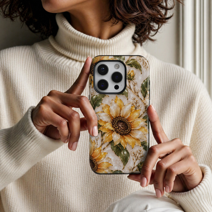 CASELIX Golden Sunflower iPhone 18 Pro Max case featuring elegant golden yellow and ivory sunflowers with rich brown centers, emerald green leaves, delicate gold botanical detailing and pearl accents on a luxurious cream marble-inspired background with a glossy printed finish.