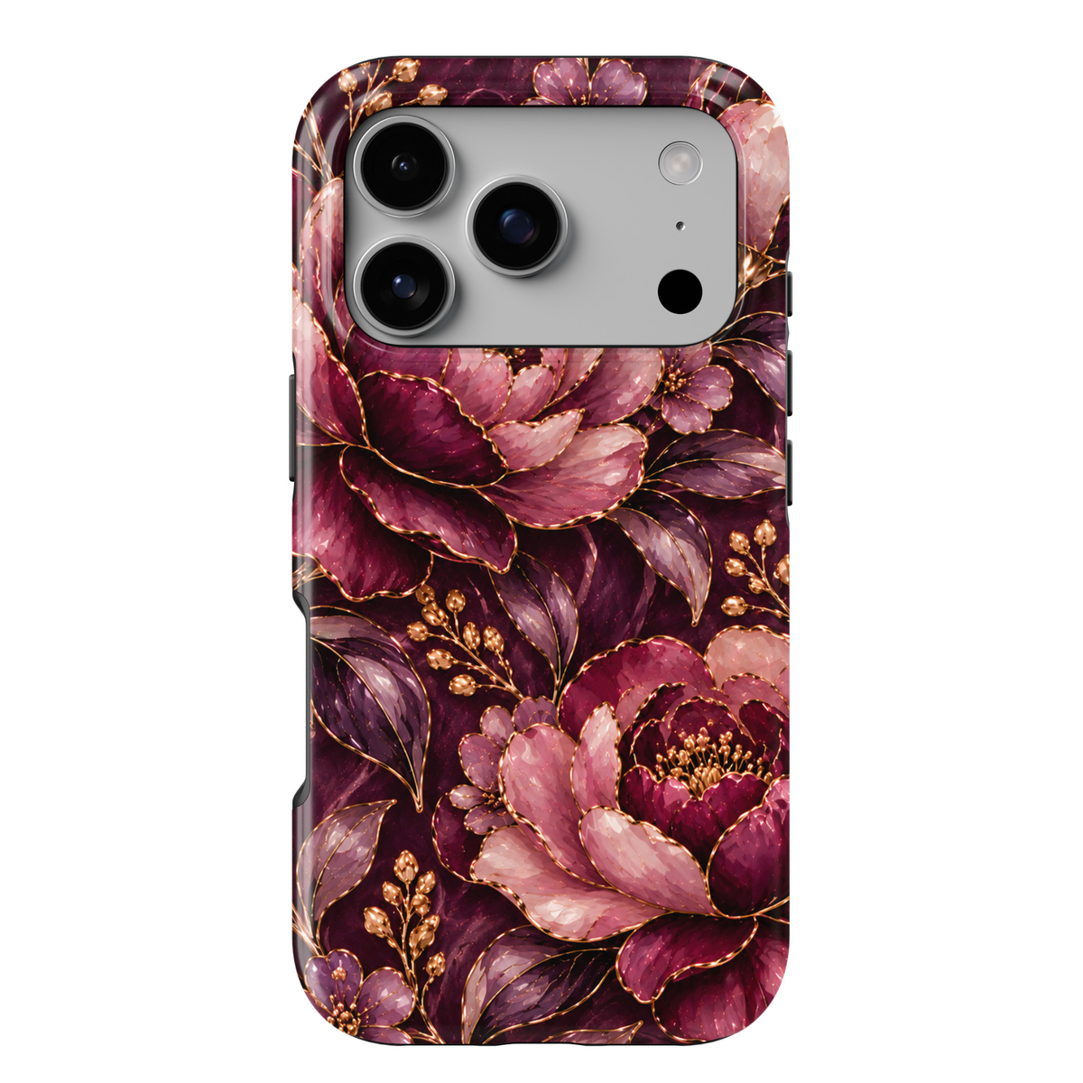 CASELIX Midnight Peony iPhone 18 Pro Max case featuring luxurious burgundy, plum and dusty pink peony flowers with delicate gold outlines, lavender blossoms, golden botanical accents and elegant foliage against a deep wine-colored background with a glossy printed finish.