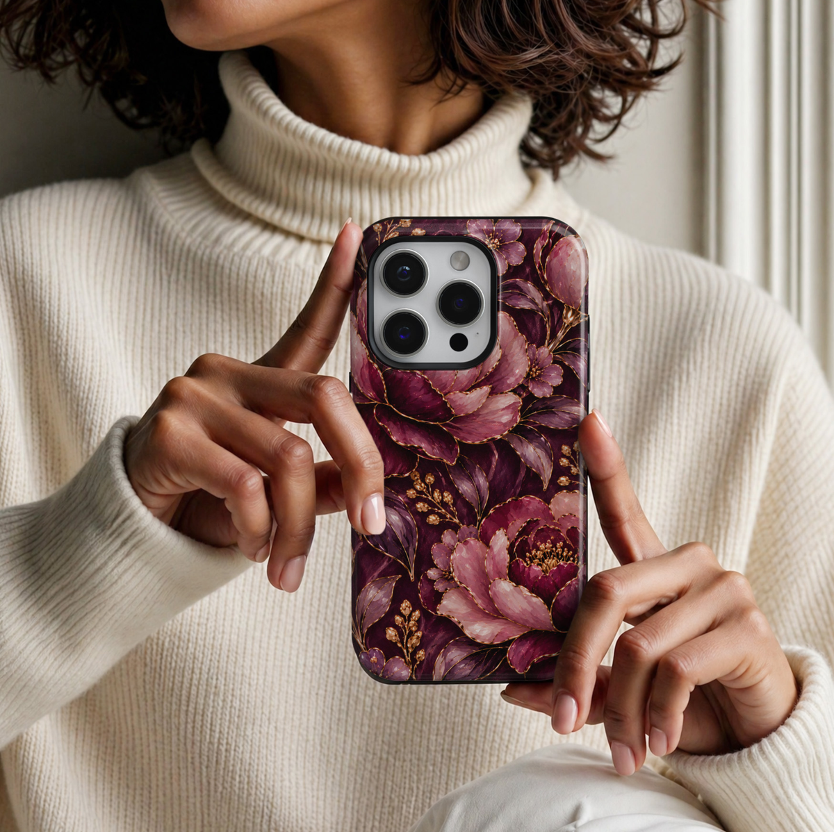 CASELIX Midnight Peony iPhone 18 Pro Max case featuring luxurious burgundy, plum and dusty pink peony flowers with delicate gold outlines, lavender blossoms, golden botanical accents and elegant foliage against a deep wine-colored background with a glossy printed finish.