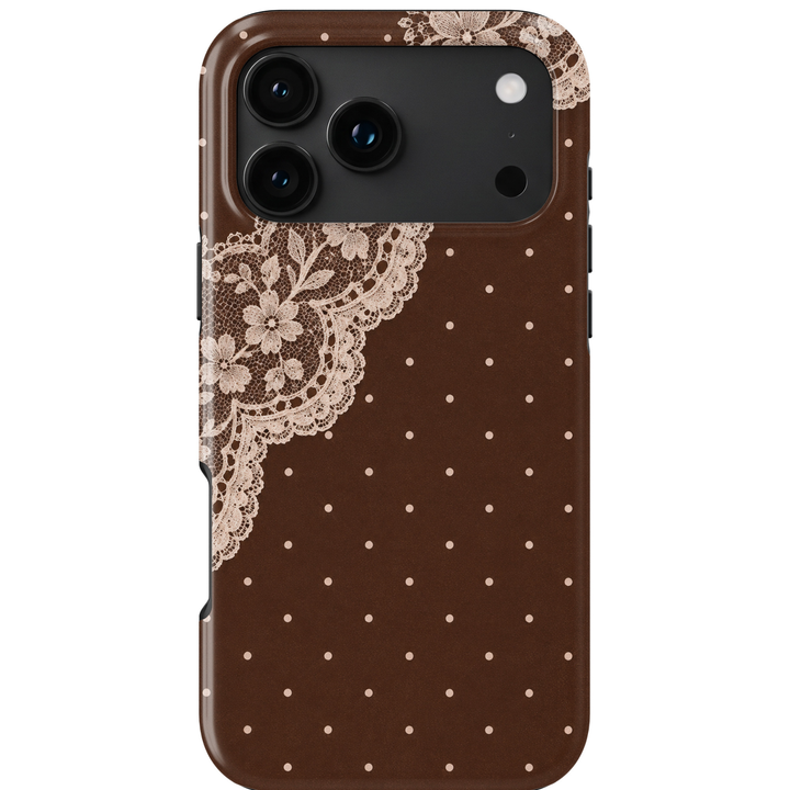 CASELIX Lace &amp; Dots iPhone phone case featuring delicate ivory floral lace, tiny cream polka dots and a rich chocolate brown background with a glossy printed finish.