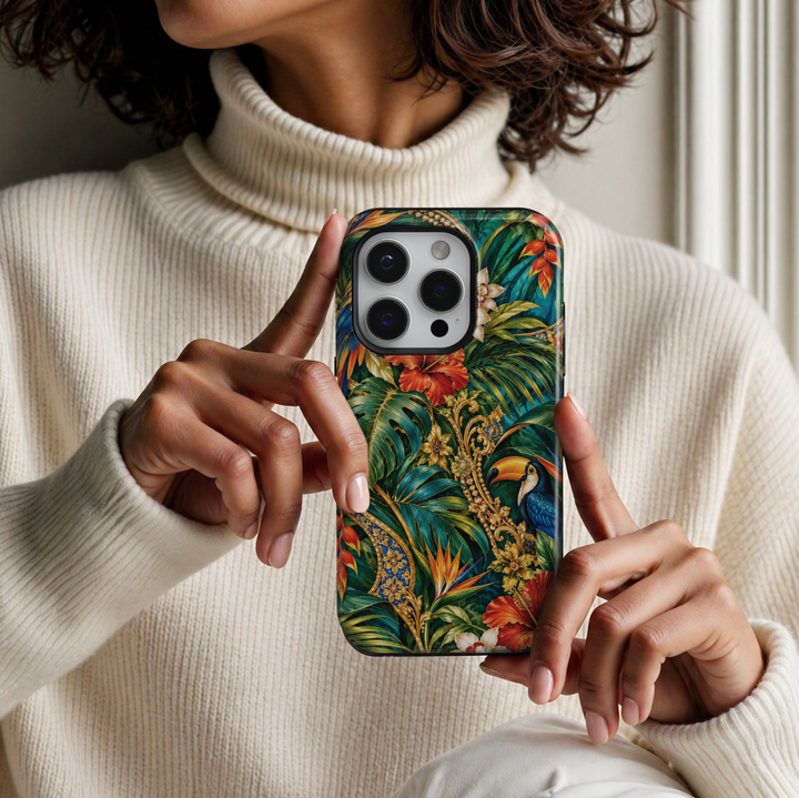 CASELIX Tropical Paradise Luxe iPhone Tough MagSafe protective phone case featuring a luxurious tropical rainforest design with vibrant hibiscus flowers, exotic birds, lush emerald-green foliage, and ornate golden botanical accents. The captivating artwork showcases a magnificent blue toucan with brilliant sapphire feathers, a striking golden-orange beak, and delicate white facial markings, perched among richly layered tropical leaves. Oversized scarlet-red and fiery coral hibiscus blossoms bloom alongside 