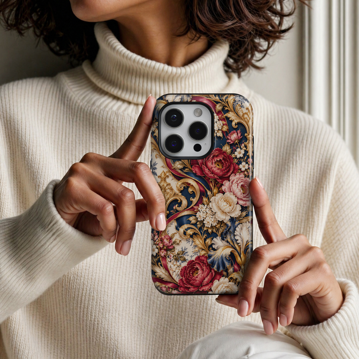 CASELIX Versailles Rose Garden iPhone Tough MagSafe protective phone case featuring an opulent French Baroque-inspired floral pattern with romantic burgundy roses, blush-pink peonies, ivory blossoms, ornate golden scrollwork, and rich midnight-navy accents. The luxurious artwork showcases oversized crimson-red and dusty-rose peonies with intricately layered petals, delicate golden centers, and soft botanical shading, surrounded by elegant cream-white flowers and clusters of miniature blossoms.
