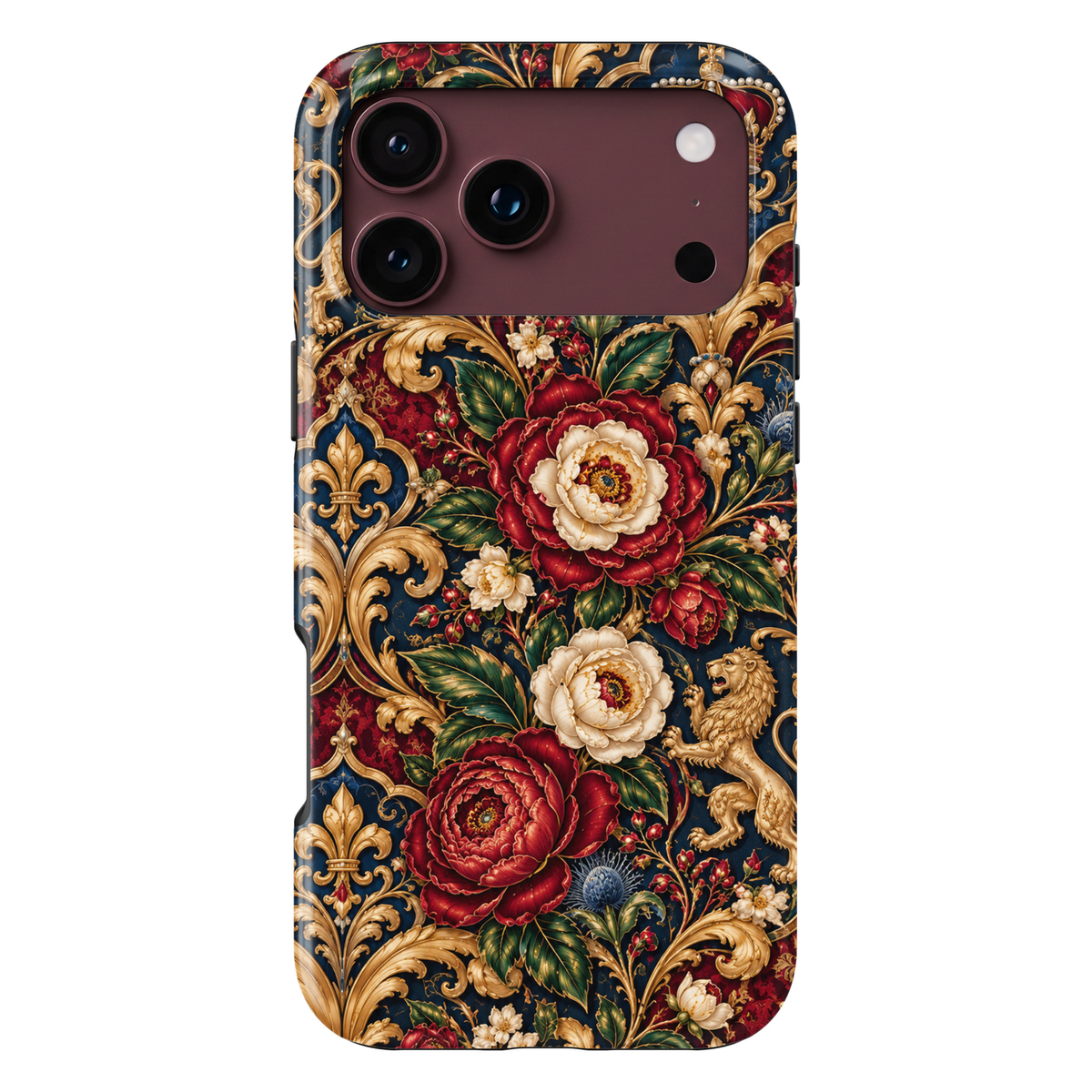 CASELIX Royal Fleur de Lis Garden iPhone Tough MagSafe protective phone case featuring an opulent French royal-inspired floral design with magnificent burgundy-red and ivory peonies, ornate golden fleur-de-lis emblems, heraldic lion motifs, and elaborate Baroque scrollwork against a rich midnight-navy background.

The luxurious artwork showcases oversized crimson and wine-red peonies with intricately layered petals, delicate champagne-gold outlines, and creamy ivory centers. 