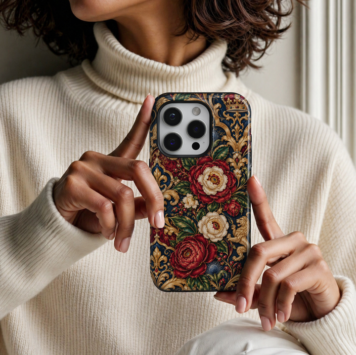 CASELIX Royal Fleur de Lis Garden iPhone Tough MagSafe protective phone case featuring an opulent French royal-inspired floral design with magnificent burgundy-red and ivory peonies, ornate golden fleur-de-lis emblems, heraldic lion motifs, and elaborate Baroque scrollwork against a rich midnight-navy background.

The luxurious artwork showcases oversized crimson and wine-red peonies with intricately layered petals, delicate champagne-gold outlines, and creamy ivory centers. 