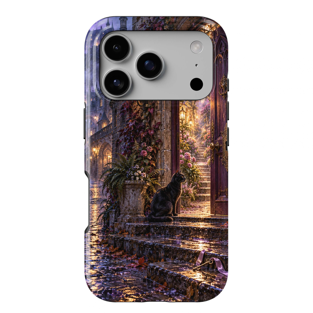 The Thirteenth Door Tough iPhone Case featuring a black cat beside an ornate open door, glowing secret staircase, gothic castle, roses, lanterns and a golden key on rain-soaked stone steps.