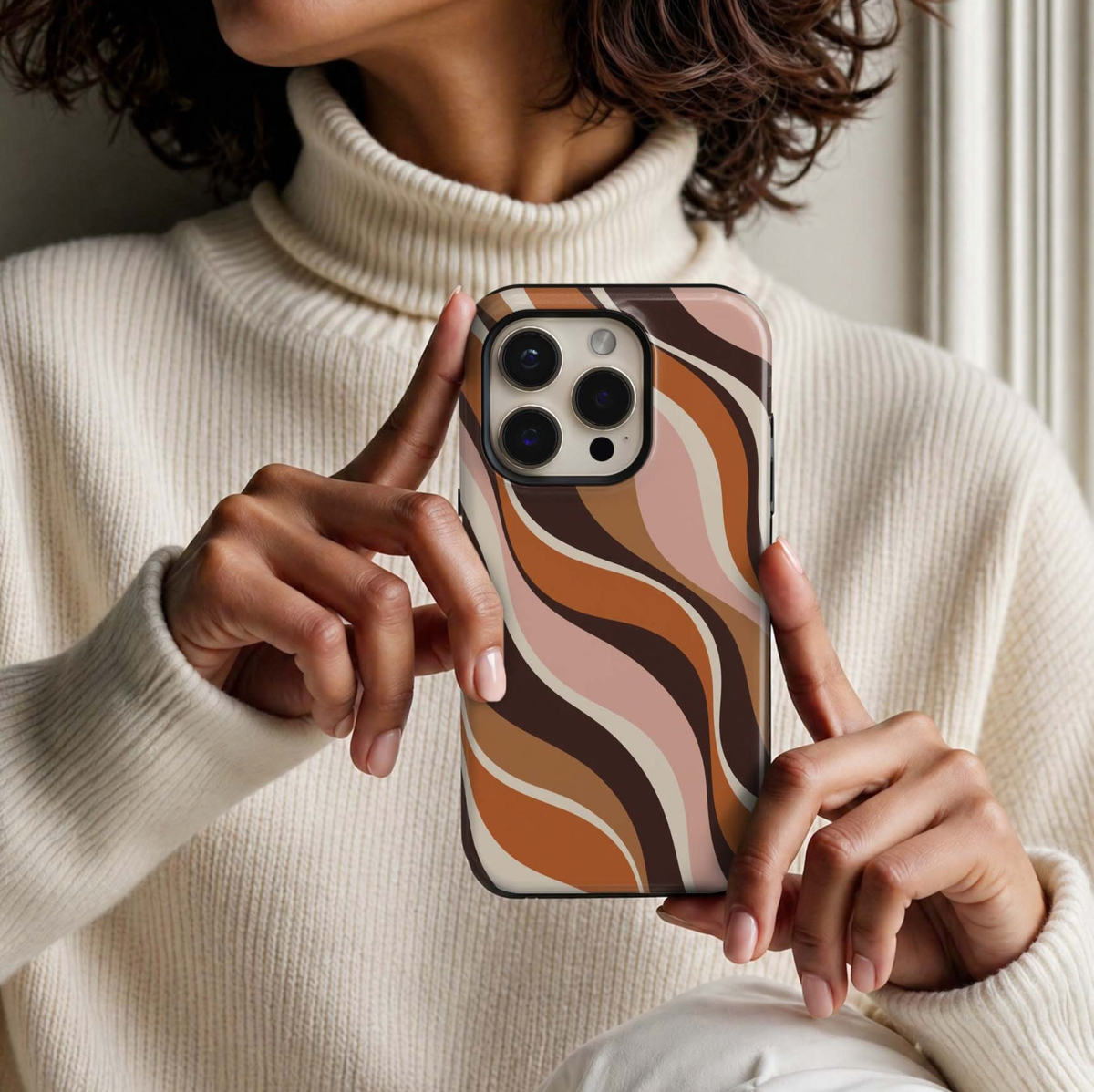 Caramel Swirl Tough iPhone Case featuring flowing retro waves in chocolate brown, caramel, burnt orange, blush pink and creamy ivory.
