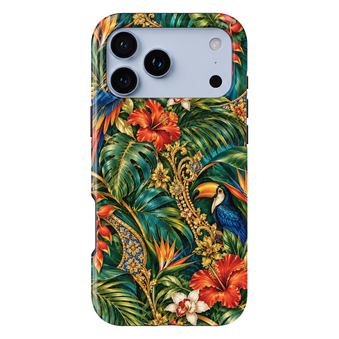CASELIX Tropical Paradise Luxe iPhone Tough MagSafe protective phone case featuring a luxurious tropical rainforest design with vibrant hibiscus flowers, exotic birds, lush emerald-green foliage, and ornate golden botanical accents. The captivating artwork showcases a magnificent blue toucan with brilliant sapphire feathers, a striking golden-orange beak, and delicate white facial markings, perched among richly layered tropical leaves. Oversized scarlet-red and fiery coral hibiscus blossoms bloom alongside 