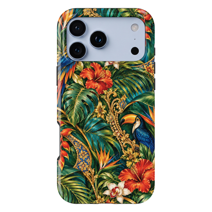 CASELIX Tropical Paradise Luxe iPhone Tough MagSafe protective phone case featuring a luxurious tropical rainforest design with vibrant hibiscus flowers, exotic birds, lush emerald-green foliage, and ornate golden botanical accents. The captivating artwork showcases a magnificent blue toucan with brilliant sapphire feathers, a striking golden-orange beak, and delicate white facial markings, perched among richly layered tropical leaves. Oversized scarlet-red and fiery coral hibiscus blossoms bloom alongside 