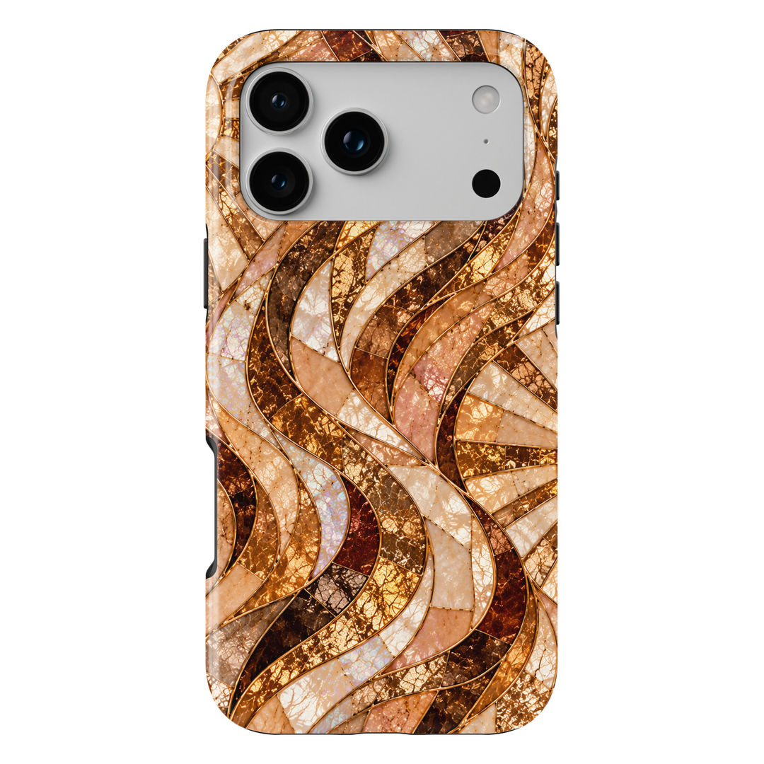 CASELIX Amber Opal Waves iPhone Tough MagSafe protective phone case featuring a luxurious abstract stained-glass mosaic pattern with flowing, ribbon-like waves in warm amber, champagne gold, caramel brown, creamy ivory, and iridescent opal. The elegant design showcases gracefully intertwined curved panels filled with intricate cracked-glass textures, shimmering pearl-inspired surfaces, and luminous honey-gold mosaic details. Delicate metallic gold-inspired outlines separate each flowing section, creating a 