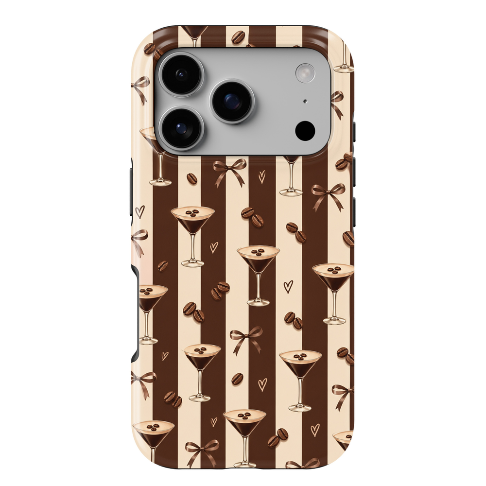 CASELIX Espresso Hour iPhone 18 Pro Max tough phone case featuring rich chocolate brown and cream vertical stripes, espresso martini cocktail glasses, roasted coffee beans, delicate brown satin bows, and minimalist hearts. Trendy glossy printed phone case for women with a chic neutral aesthetic, inspired by espresso martinis, coffee lovers, and elegant cocktail nights.