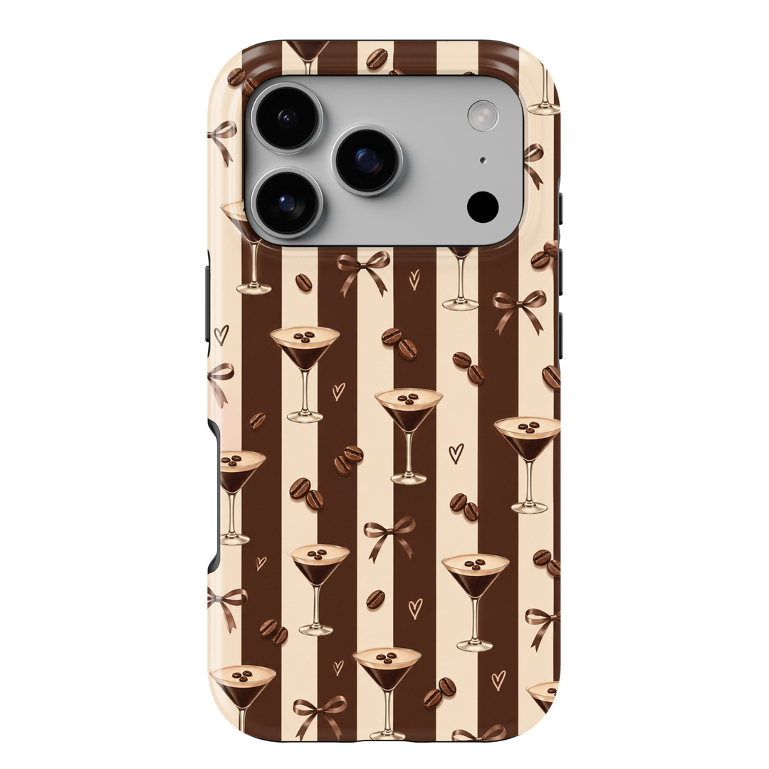 CASELIX Espresso Hour iPhone 18 Pro Max tough phone case featuring rich chocolate brown and cream vertical stripes, espresso martini cocktail glasses, roasted coffee beans, delicate brown satin bows, and minimalist hearts. Trendy glossy printed phone case for women with a chic neutral aesthetic, inspired by espresso martinis, coffee lovers, and elegant cocktail nights.
