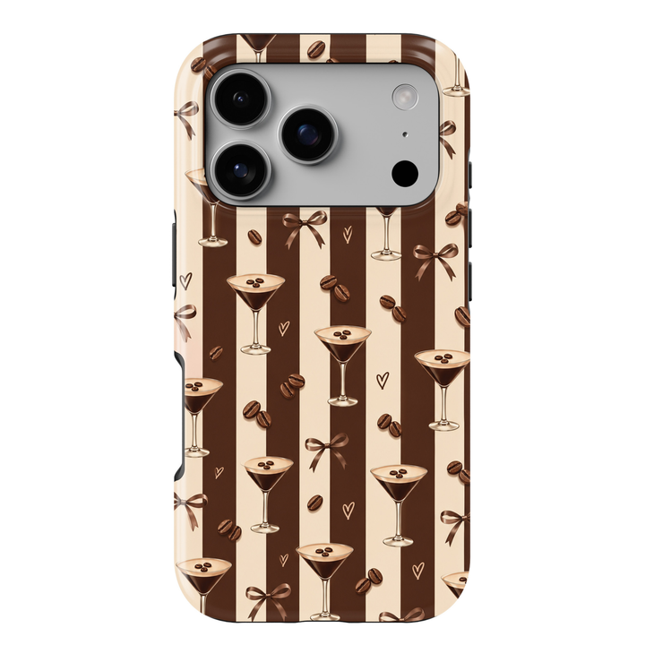 CASELIX Espresso Hour iPhone 18 Pro Max tough phone case featuring rich chocolate brown and cream vertical stripes, espresso martini cocktail glasses, roasted coffee beans, delicate brown satin bows, and minimalist hearts. Trendy glossy printed phone case for women with a chic neutral aesthetic, inspired by espresso martinis, coffee lovers, and elegant cocktail nights.