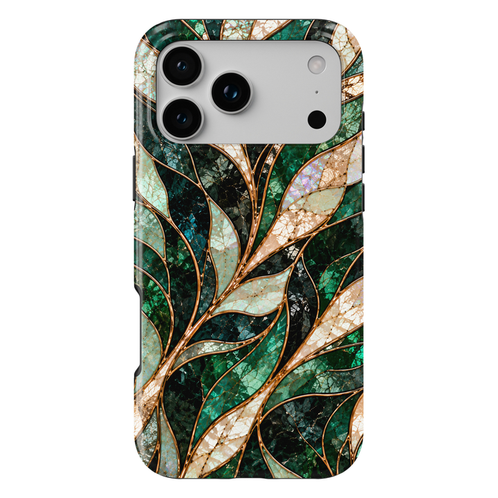 CASELIX Emerald Opal Waves iPhone Tough MagSafe protective phone case featuring a luxurious abstract stained-glass mosaic pattern with flowing, ribbon-like waves in rich emerald green, deep forest green, shimmering turquoise, champagne gold, and iridescent opal white. The elegant design showcases gracefully intertwined curved panels filled with intricate cracked-glass textures, luminous jade-green mosaic details, and shimmering pearl-inspired surfaces. Delicate metallic gold-inspired outlines separate each 