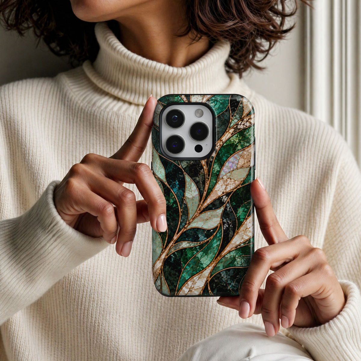 CASELIX Emerald Opal Waves iPhone Tough MagSafe protective phone case featuring a luxurious abstract stained-glass mosaic pattern with flowing, ribbon-like waves in rich emerald green, deep forest green, shimmering turquoise, champagne gold, and iridescent opal white. The elegant design showcases gracefully intertwined curved panels filled with intricate cracked-glass textures, luminous jade-green mosaic details, and shimmering pearl-inspired surfaces. Delicate metallic gold-inspired outlines separate each 