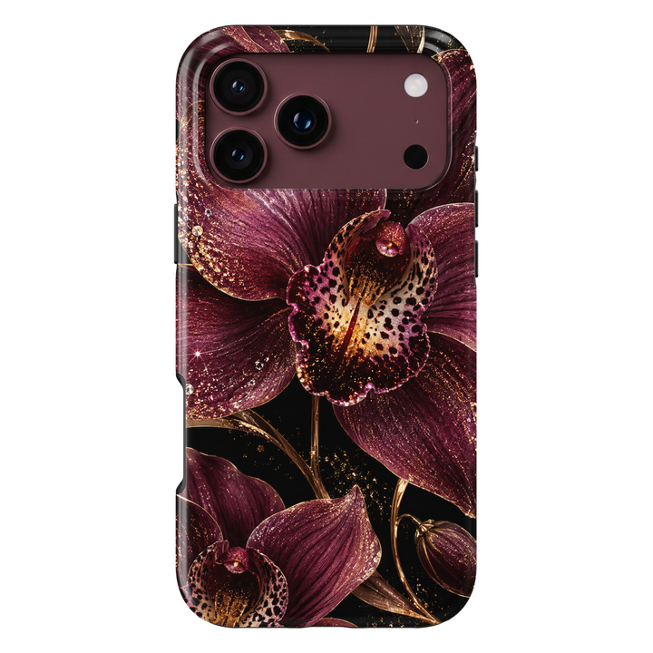 CASELIX Burgundy Orchid Luxe iPhone Tough MagSafe protective phone case featuring oversized deep burgundy and plum-purple orchids with intricate spotted petals, shimmering champagne-gold glitter effects, and delicate golden botanical stems against a dramatic black background. The luxurious floral design showcases rich wine-red orchid blossoms, sparkling jewel-inspired accents, and elegant metallic gold-inspired detailing for a sophisticated dark romantic aesthetic. Stylish burgundy orchid floral iPhone case