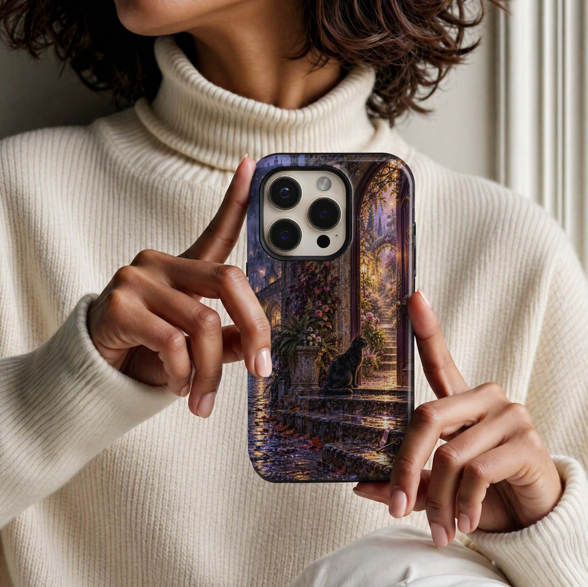 The Thirteenth Door Tough iPhone Case featuring a black cat beside an ornate open door, glowing secret staircase, gothic castle, roses, lanterns and a golden key on rain-soaked stone steps.