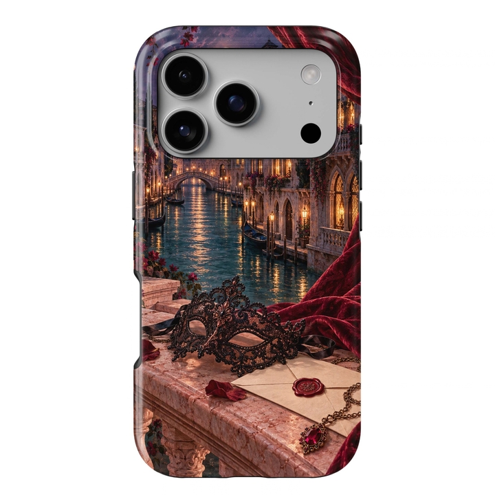 Velvet Hour Tough iPhone Case featuring an ornate black masquerade mask, burgundy velvet, wax-sealed letter and ruby jewelry overlooking a glowing Venetian-inspired canal at night.
