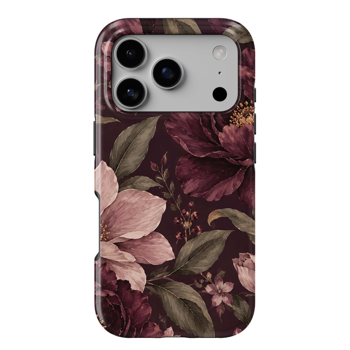 Merlot Garden iPhone 18 Pro Max MagSafe case featuring oversized merlot, burgundy and dusty blush flowers with muted olive foliage on a dark wine background, an elegant moody botanical tough iPhone 18 Pro floral phone case with MagSafe compatibility.