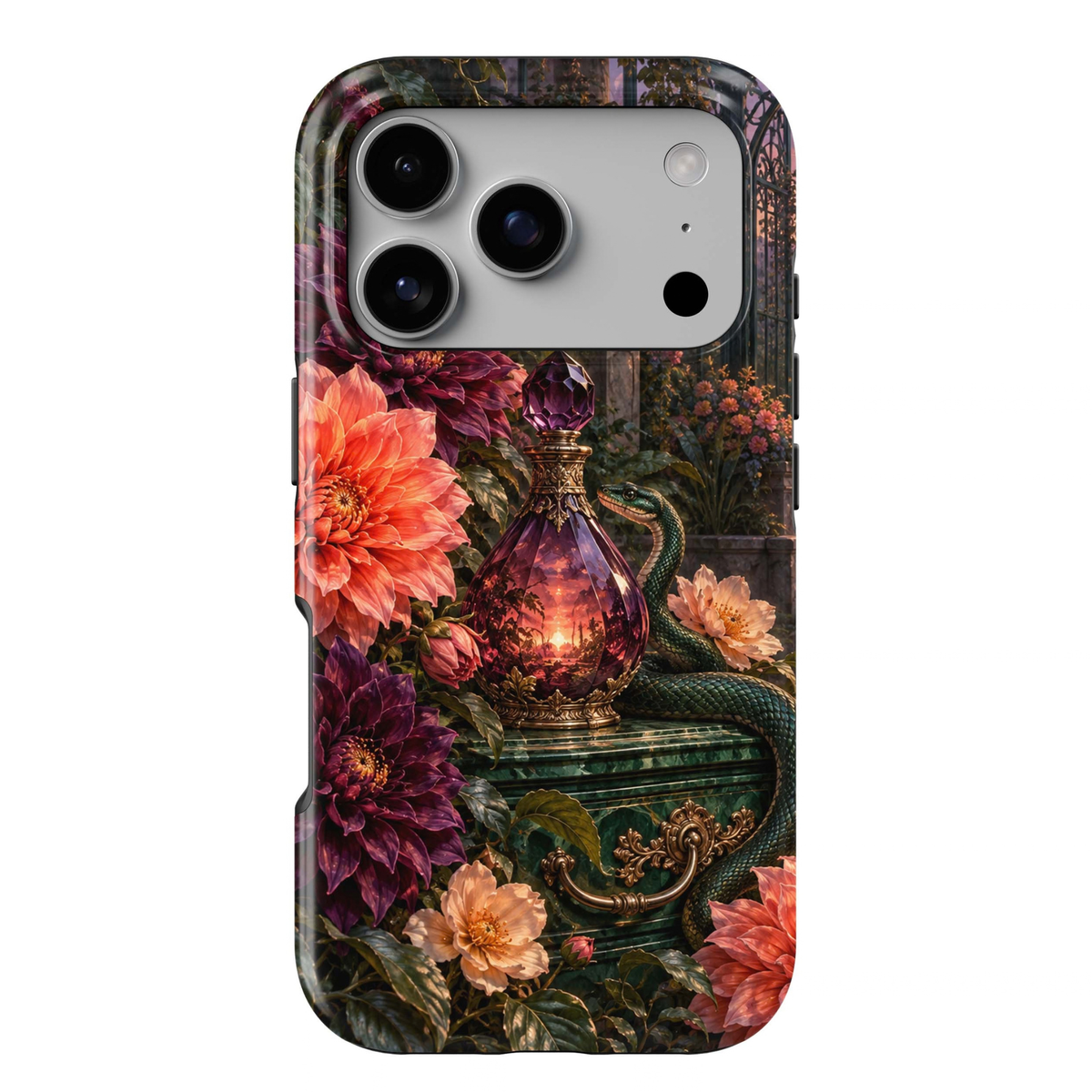 Poison & Petals Tough iPhone Case featuring an emerald green snake, ornate purple potion bottle and lush coral, burgundy, plum and blush flowers in a dark enchanted garden.