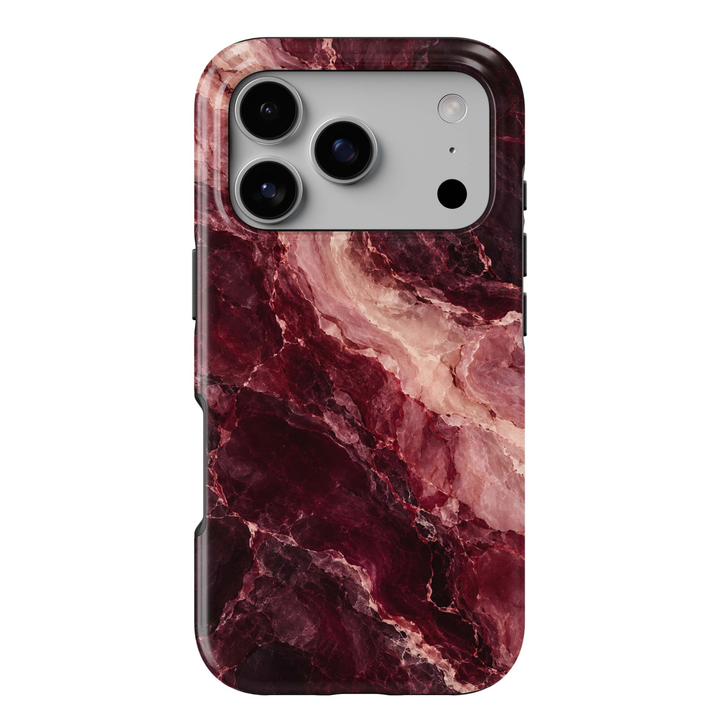 Garnet Blush Tough iPhone Case featuring deep garnet and wine burgundy marble blended with luminous blush pink and dusty rose crystalline stone.