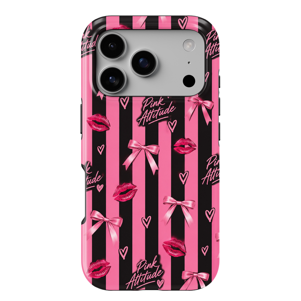 CASELIX Cherry After Dark iPhone 18 Pro Max tough phone case featuring burgundy red and blush pink vertical stripes, glossy red cherry pairs tied with pink satin bows, delicate white hearts, sparkling stars, and Cherry After Dark script lettering. Trendy feminine printed phone case with a glossy finish, featuring a romantic coquette aesthetic and playful cherry-inspired design