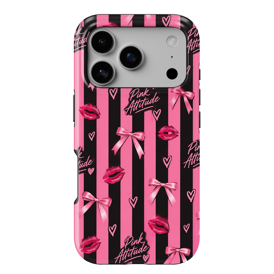 CASELIX Cherry After Dark iPhone 18 Pro Max tough phone case featuring burgundy red and blush pink vertical stripes, glossy red cherry pairs tied with pink satin bows, delicate white hearts, sparkling stars, and Cherry After Dark script lettering. Trendy feminine printed phone case with a glossy finish, featuring a romantic coquette aesthetic and playful cherry-inspired design