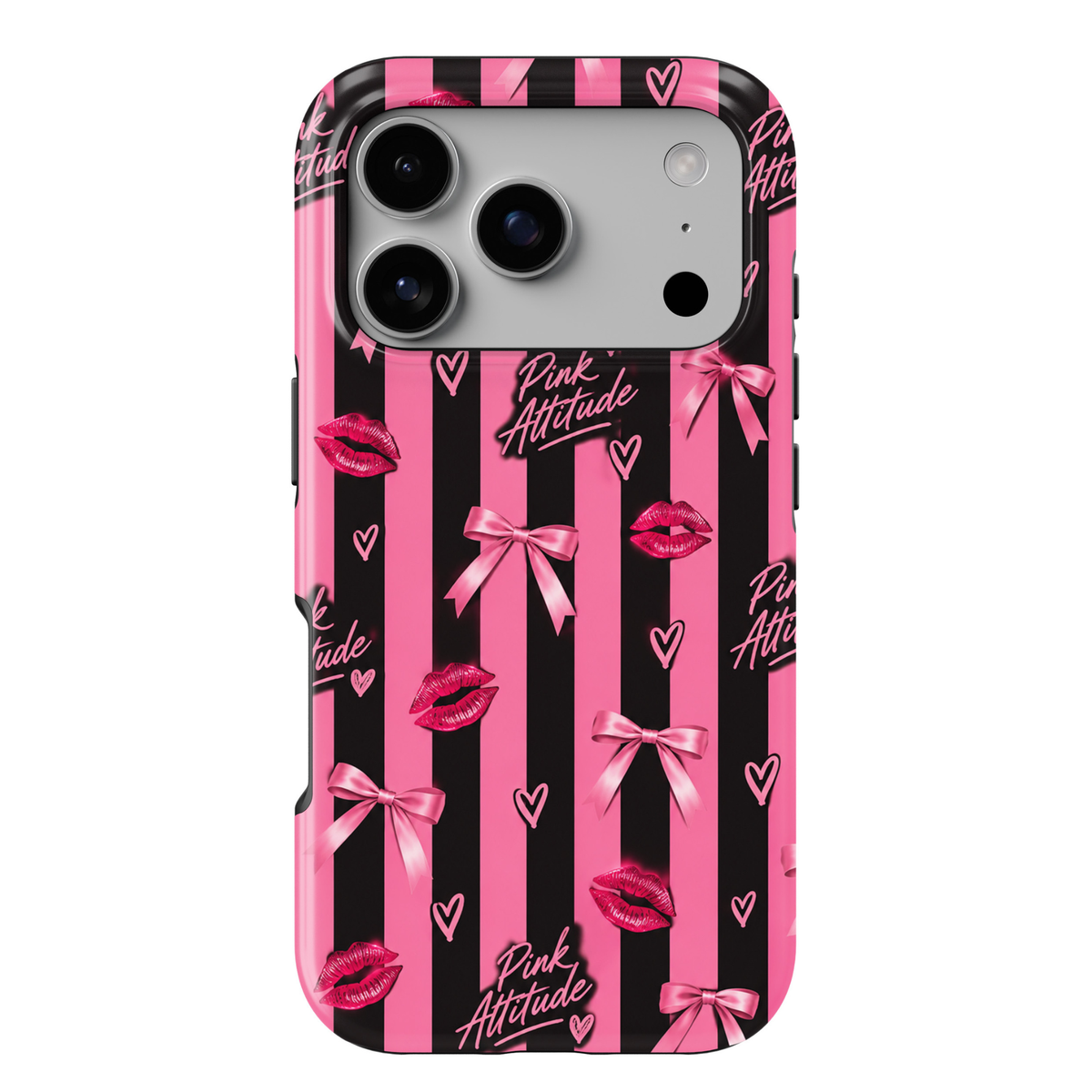 CASELIX Cherry After Dark iPhone 18 Pro Max tough phone case featuring burgundy red and blush pink vertical stripes, glossy red cherry pairs tied with pink satin bows, delicate white hearts, sparkling stars, and Cherry After Dark script lettering. Trendy feminine printed phone case with a glossy finish, featuring a romantic coquette aesthetic and playful cherry-inspired design