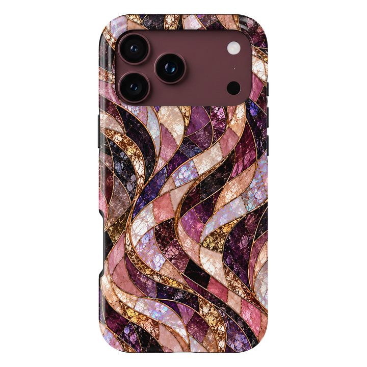CASELIX Amethyst Opal Waves iPhone Tough MagSafe protective phone case featuring a luxurious abstract stained-glass mosaic pattern with flowing, ribbon-like waves in rich amethyst purple, deep plum, romantic blush pink, champagne gold, and iridescent opal white. The elegant design showcases gracefully intertwined curved panels filled with intricate cracked-glass textures, shimmering pearl-inspired surfaces, and luminous violet and rose-colored mosaic details. Delicate metallic gold-inspired outlines separat