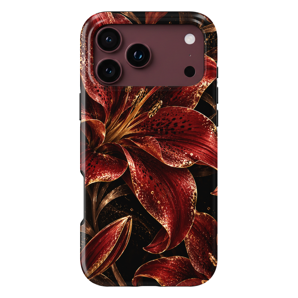 CASELIX Crimson Lily Luxe iPhone Tough MagSafe protective phone case featuring oversized deep crimson-red lilies with dramatic black-speckled petals, shimmering champagne-gold glitter effects, and elegant golden botanical stems against a rich jet-black background. The luxurious floral artwork showcases vibrant ruby-red and burgundy lily blossoms, intricate golden stamens, sparkling metallic-inspired accents, and beautifully detailed flower buds. Stylish red and black lily floral iPhone case with a glossy pr