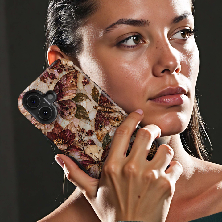 Cabernet Butterfly iPhone 18 Pro Max MagSafe case featuring stained-glass-inspired butterflies and moths in cabernet, burgundy, champagne and bronze with olive foliage and jewel-like berries over a pearlescent background, a luxurious tough iPhone 18 Pro butterfly phone case with MagSafe compatibility.